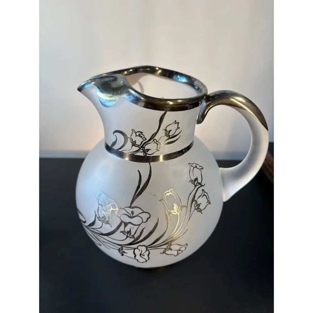 Frosted White Glass Pitcher Silver Overlay Floral Vintage